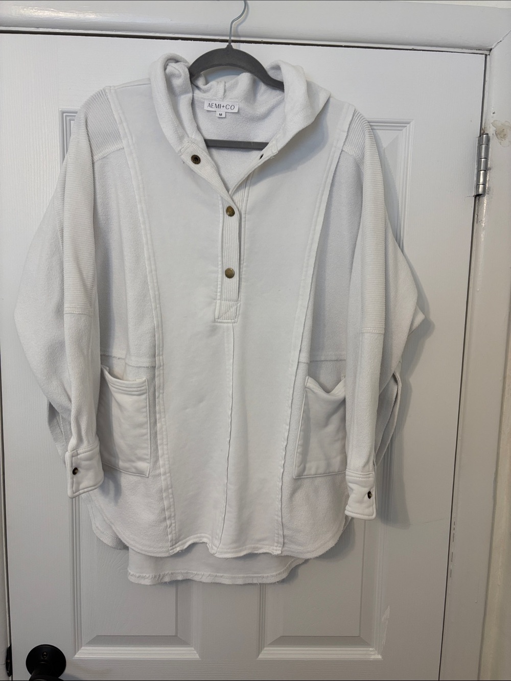 Mavi+Co White Hooded Snap-Placket Pullover with Front Pockets